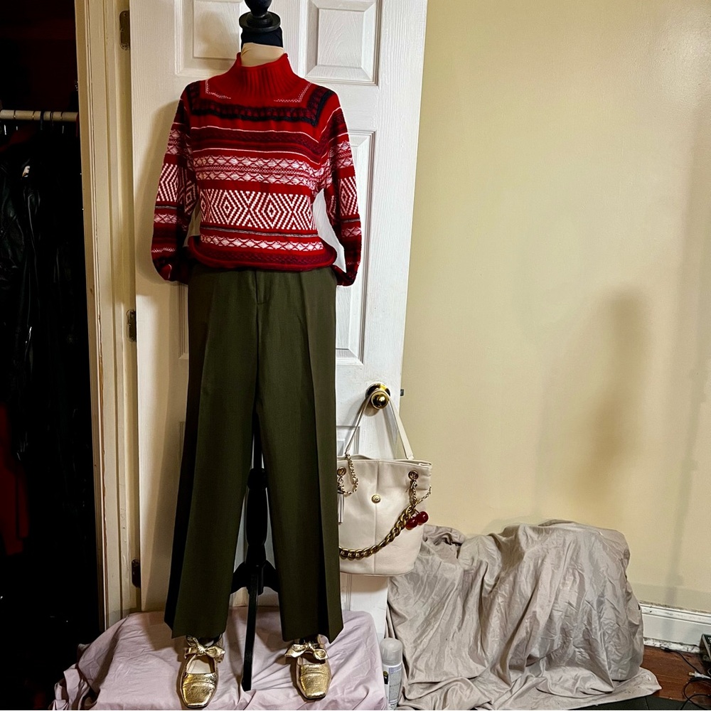 Women’s Chaps Cotton Knit‎ Roll Neck Nordic Holiday Preppy Green Red Sweater L